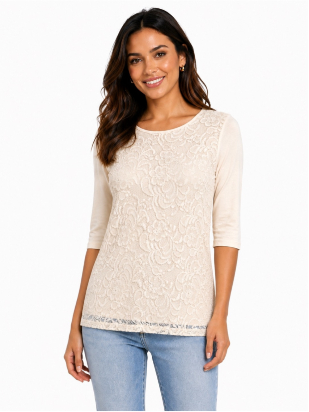 Loveappella Fifi Lace Overlay Knit Top, Size M, White NWT